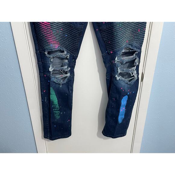 VTG Red Ape Jeans 38x32 Moto Style Distressed Paint Splatter Baggy Grunge READ - Picture 3 of 9